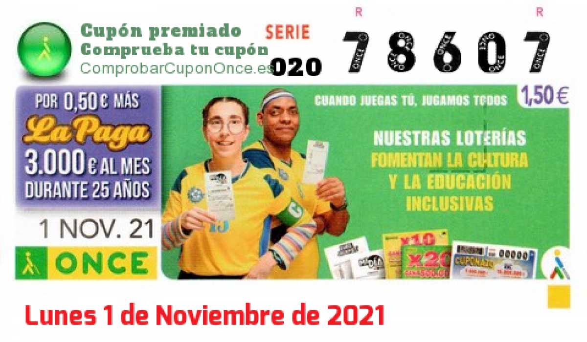 Cupón ONCE premiado el Lunes 1/11/2021