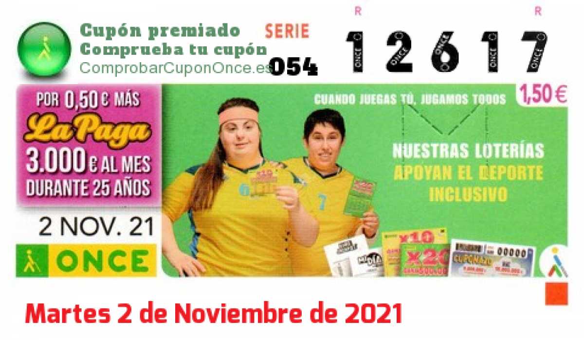 Cupón ONCE premiado el Martes 2/11/2021