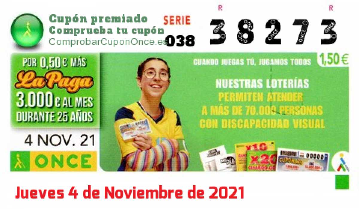 Cupón ONCE premiado el Jueves 4/11/2021