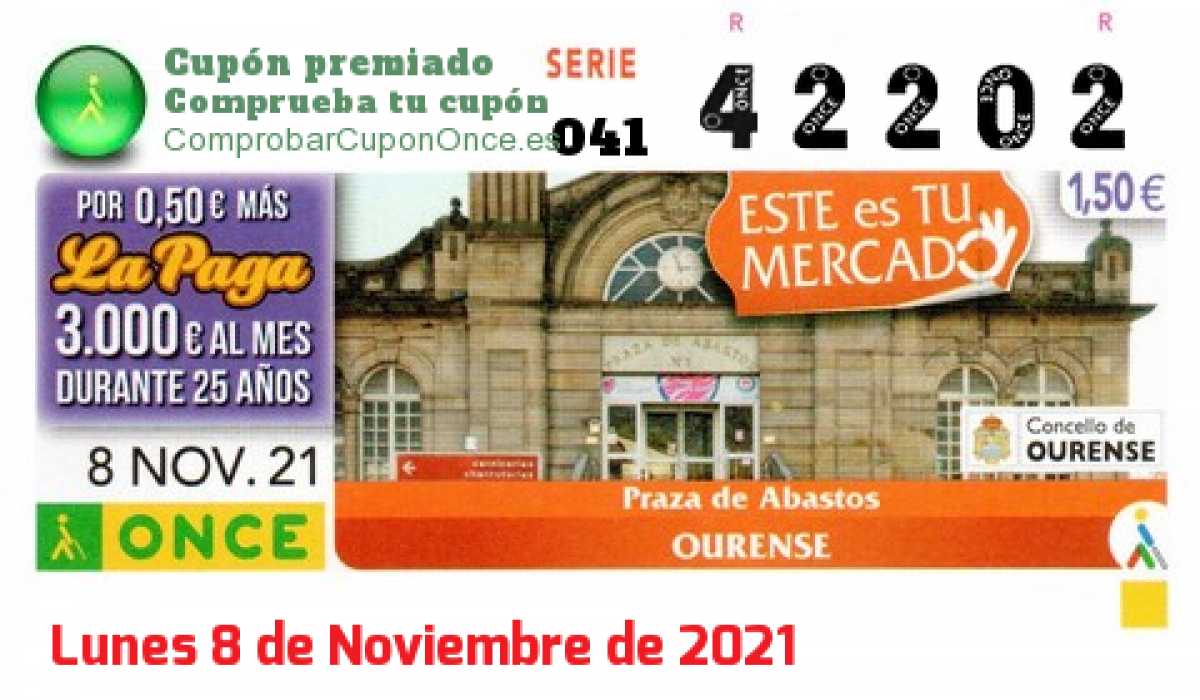 Cupón ONCE premiado el Lunes 8/11/2021