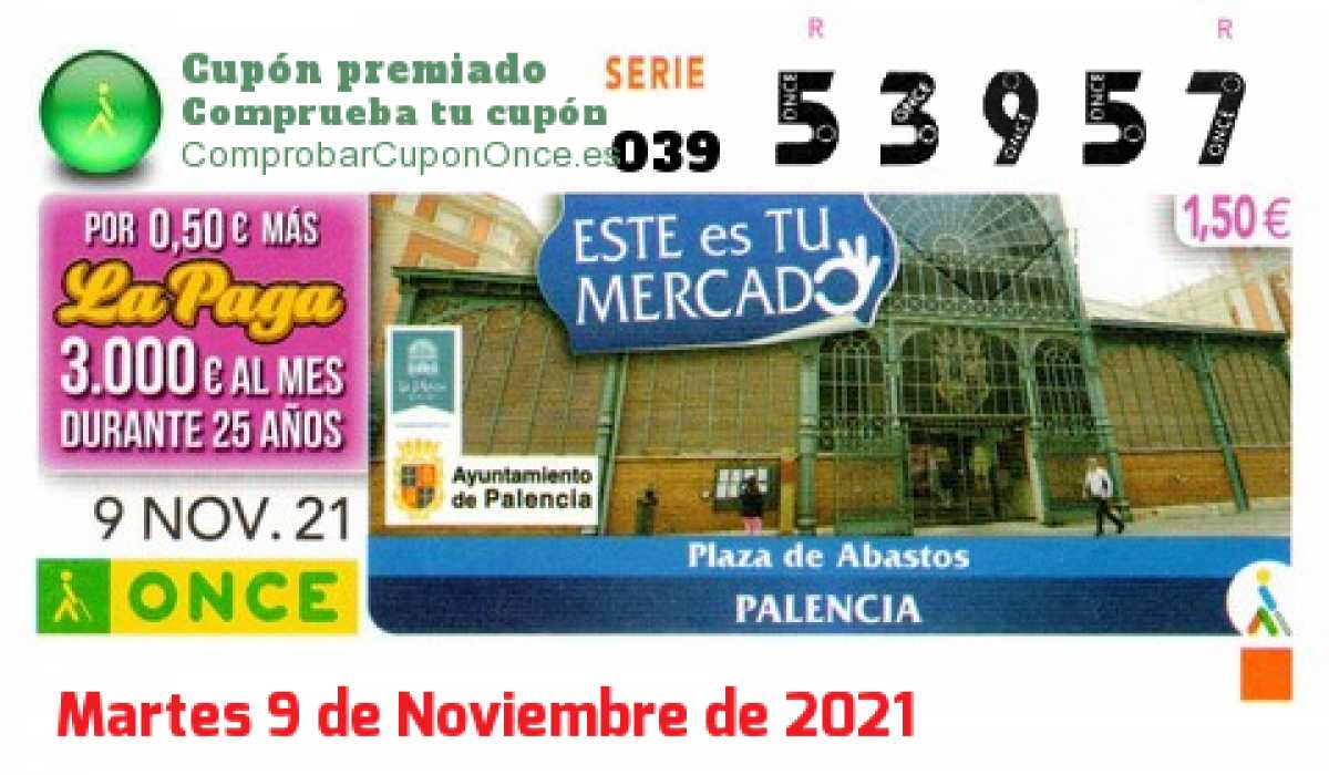 Cupón ONCE premiado el Martes 9/11/2021