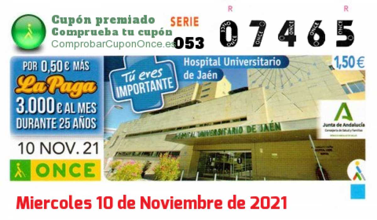 Cupón ONCE premiado el Miercoles 10/11/2021