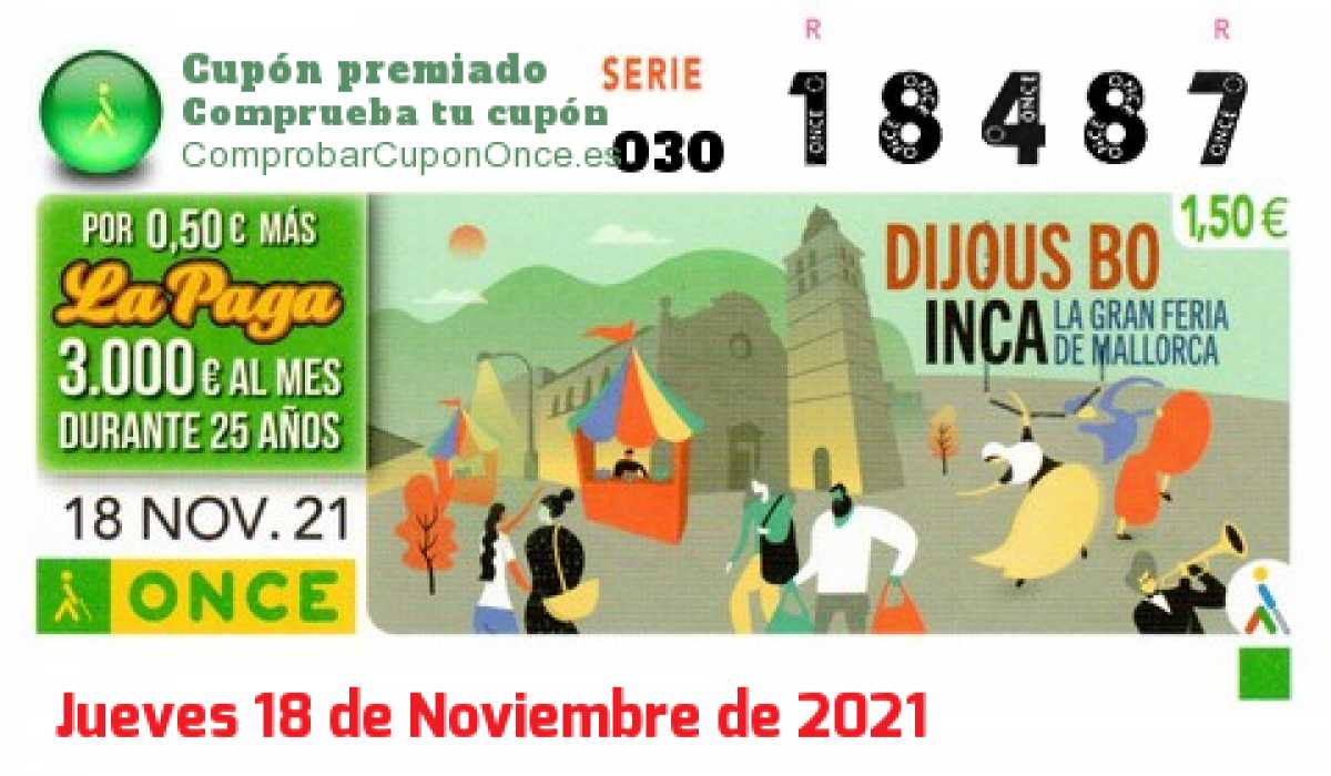 Cupón ONCE premiado el Jueves 18/11/2021