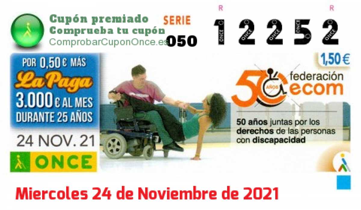 Cupón ONCE premiado el Miercoles 24/11/2021