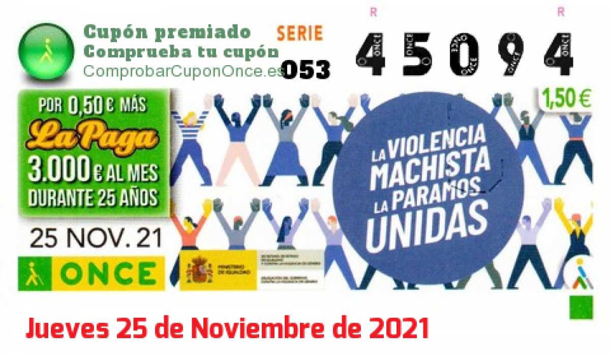 Cupón ONCE premiado el Jueves 25/11/2021