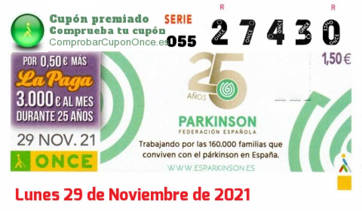 Cupón ONCE premiado el Lunes 29/11/2021