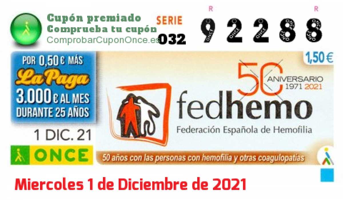 Cupón ONCE premiado el Miercoles 1/12/2021