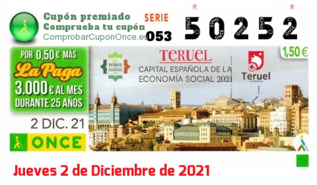 Cupón ONCE premiado el Jueves 2/12/2021