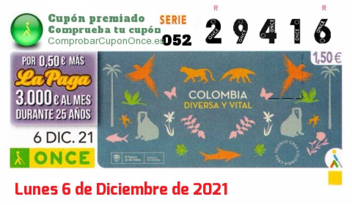 Cupón ONCE premiado el Lunes 6/12/2021