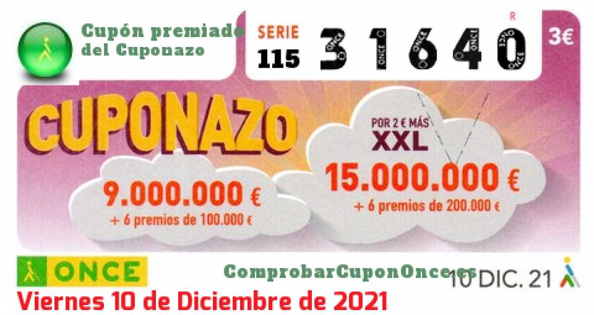 Cuponazo ONCE premiado el Viernes 10/12/2021