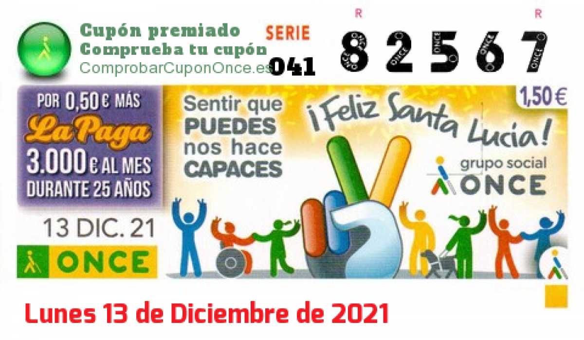 Cupón ONCE premiado el Lunes 13/12/2021