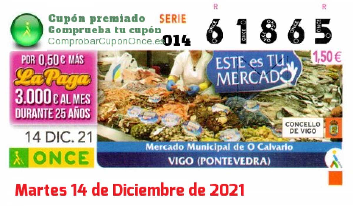 Cupón ONCE premiado el Martes 14/12/2021