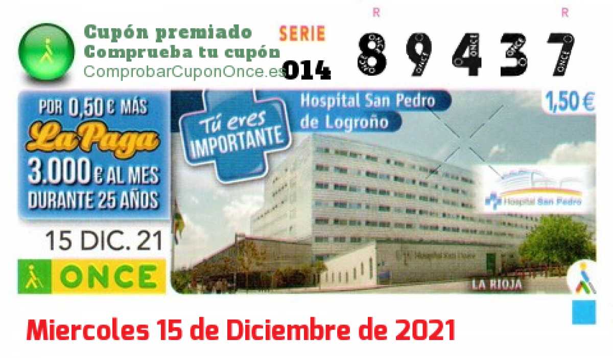 Cupón ONCE premiado el Miercoles 15/12/2021