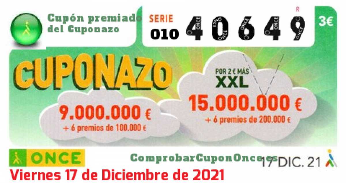 Cuponazo ONCE premiado el Viernes 17/12/2021