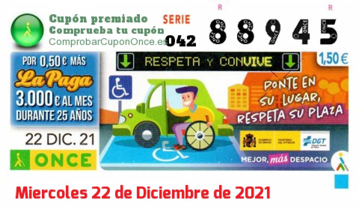 Cupón ONCE premiado el Miercoles 22/12/2021