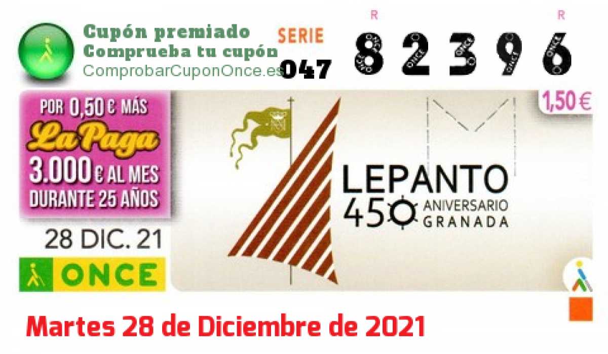 Cupón ONCE premiado el Martes 28/12/2021