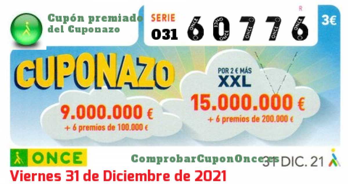 Cuponazo ONCE premiado el Viernes 31/12/2021