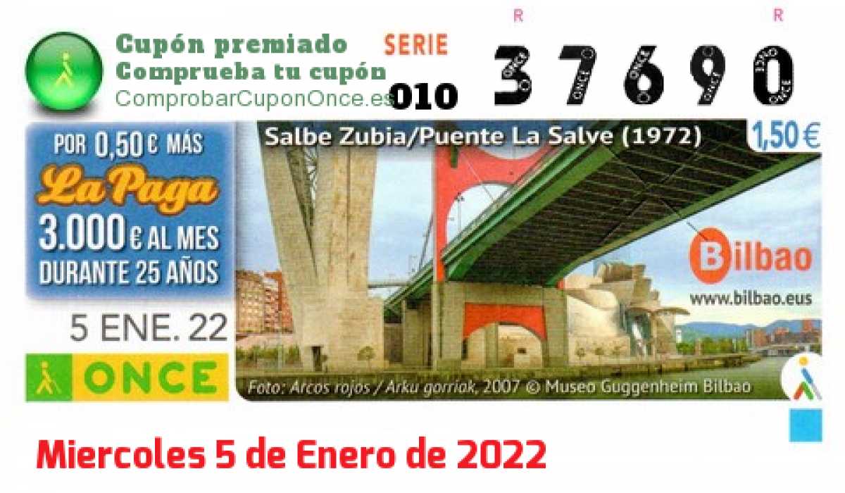 Cupón ONCE premiado el Miercoles 5/1/2022