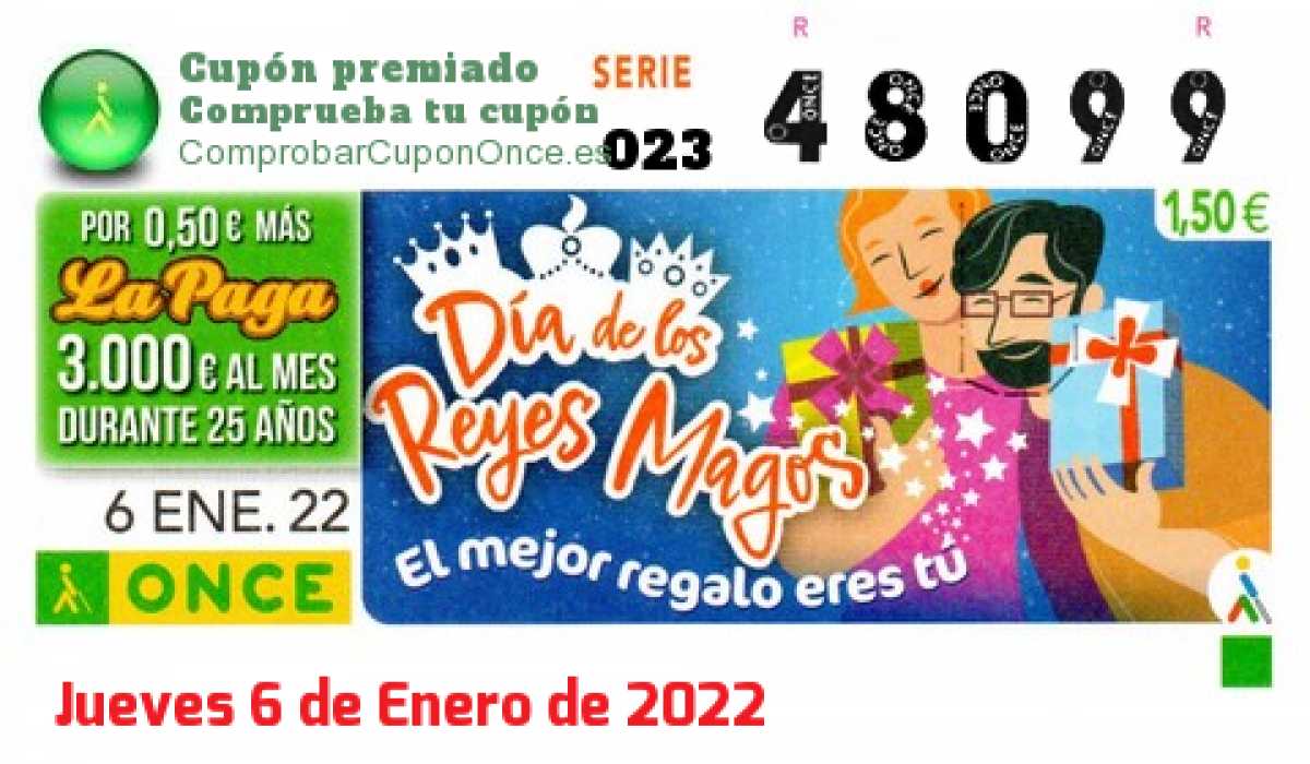 Cupón ONCE premiado el Jueves 6/1/2022