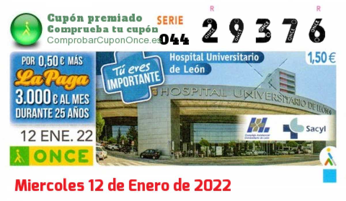 Cupón ONCE premiado el Miercoles 12/1/2022