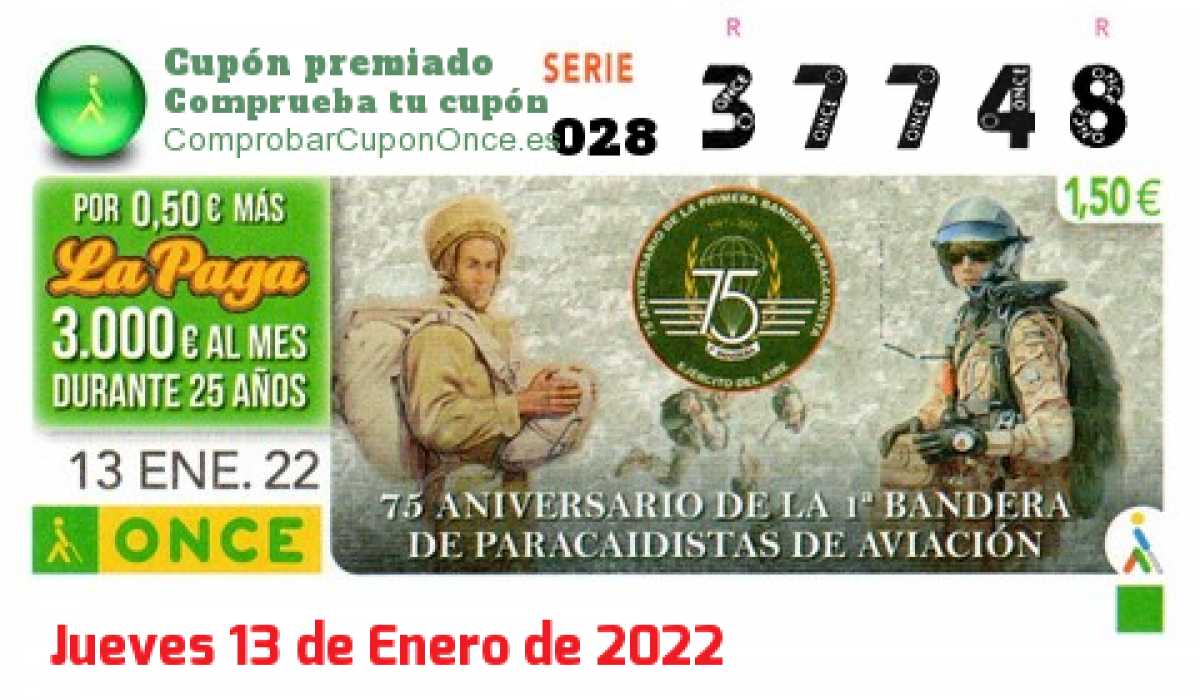 Cupón ONCE premiado el Jueves 13/1/2022