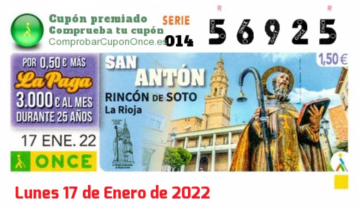 Cupón ONCE premiado el Lunes 17/1/2022