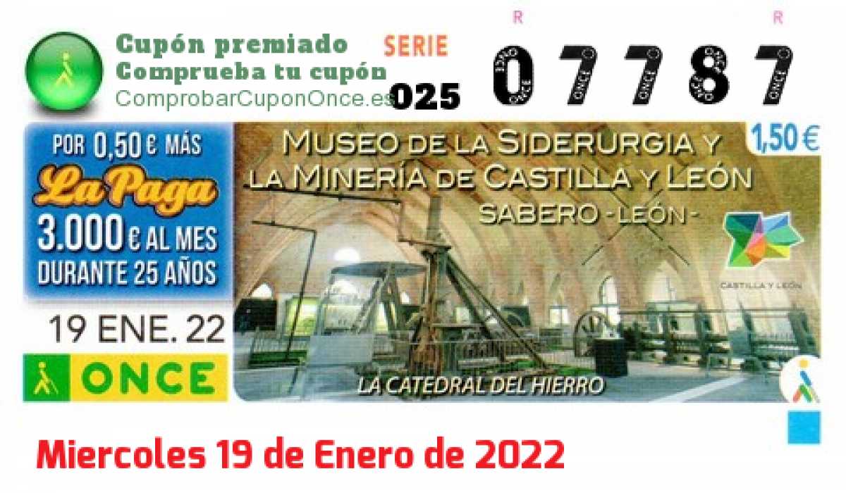 Cupón ONCE premiado el Miercoles 19/1/2022