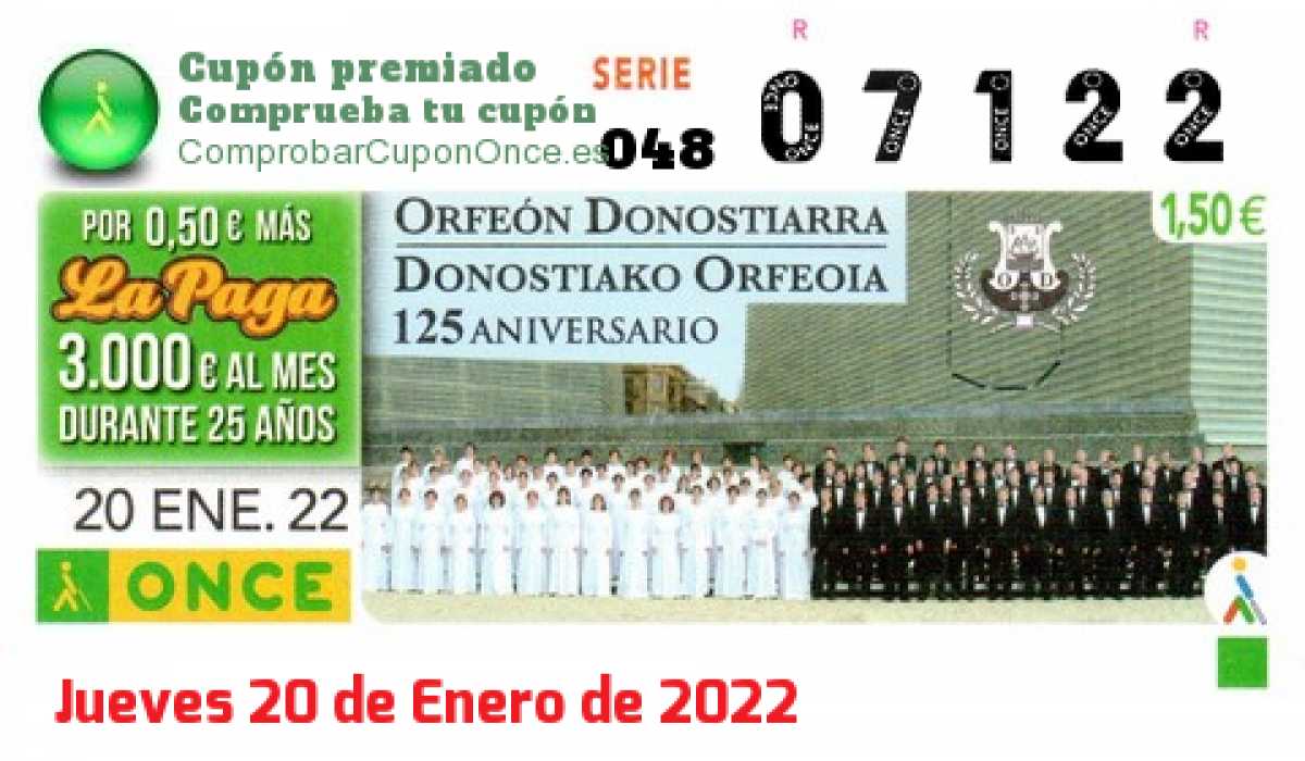 Cupón ONCE premiado el Jueves 20/1/2022
