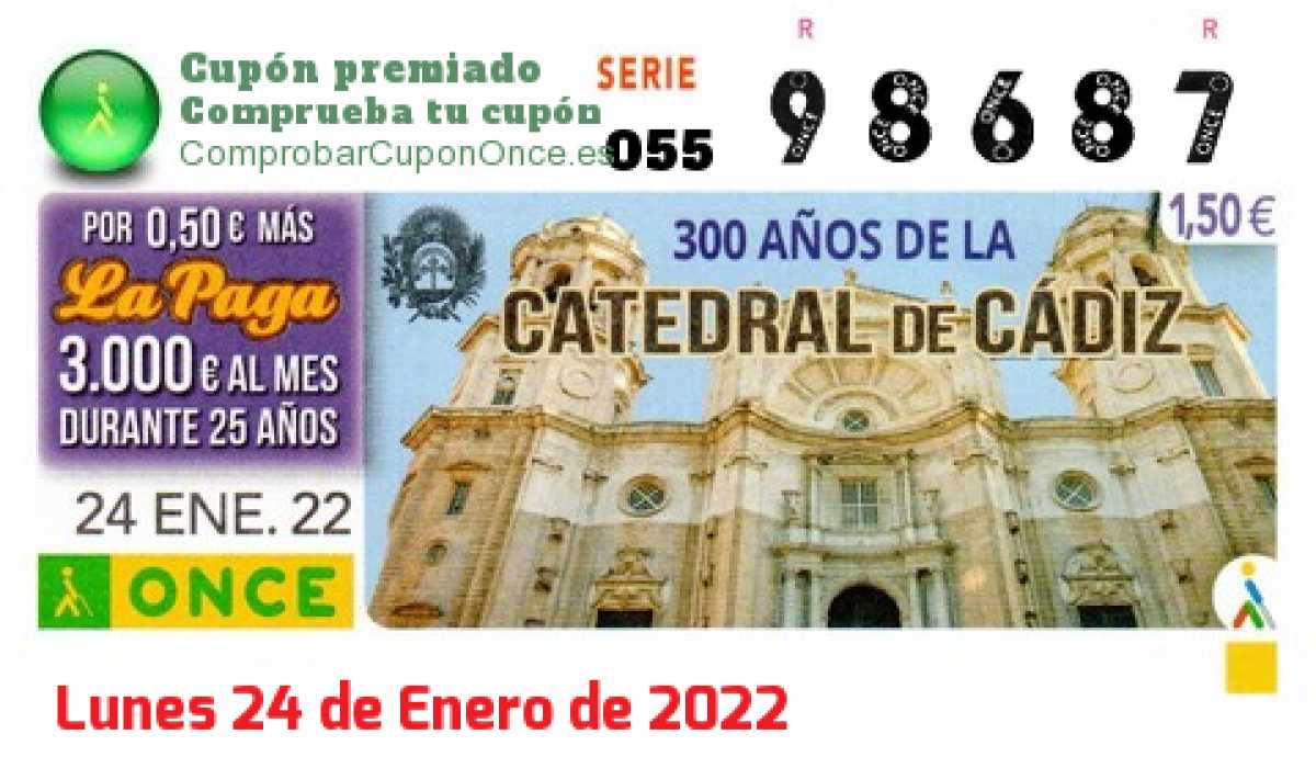 Cupón ONCE premiado el Lunes 24/1/2022