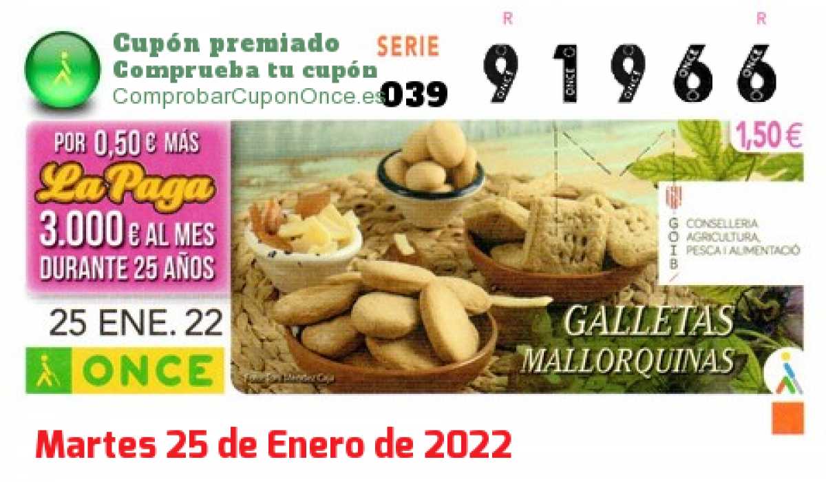 Cupón ONCE premiado el Martes 25/1/2022