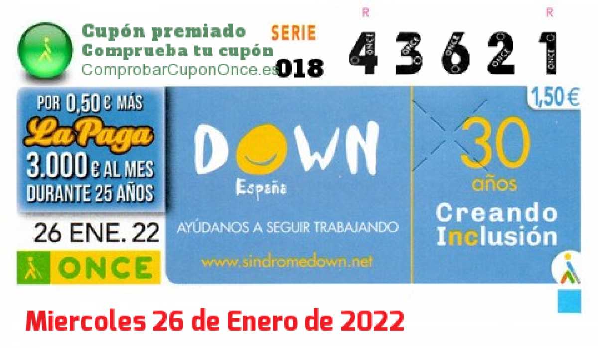 Cupón ONCE premiado el Miercoles 26/1/2022