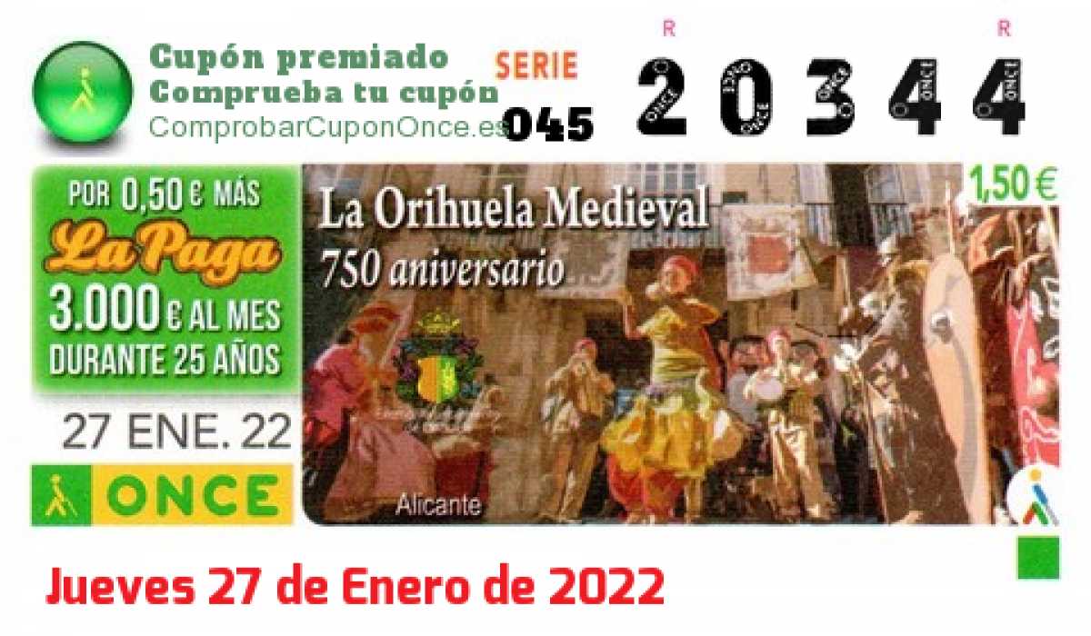 Cupón ONCE premiado el Jueves 27/1/2022