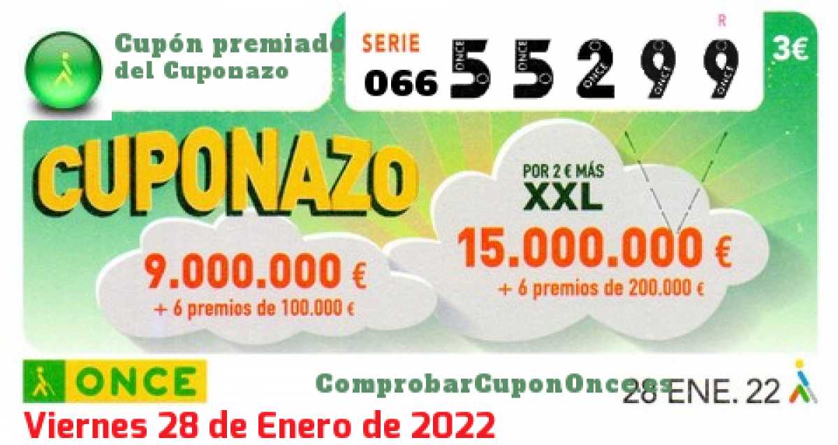 Cuponazo ONCE premiado el Viernes 28/1/2022