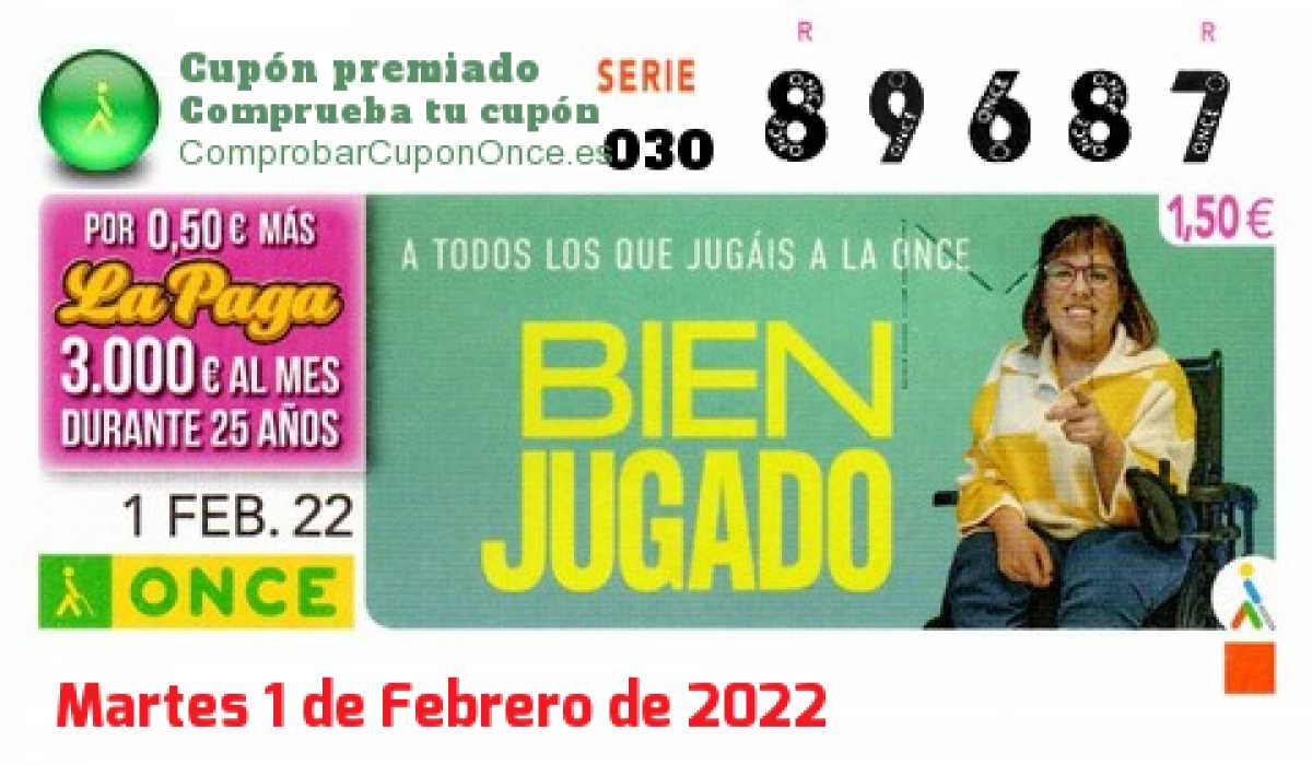 Cupón ONCE premiado el Martes 1/2/2022