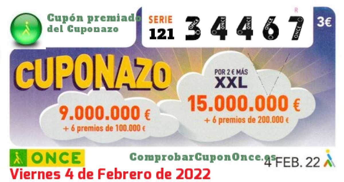 Cuponazo ONCE premiado el Viernes 4/2/2022