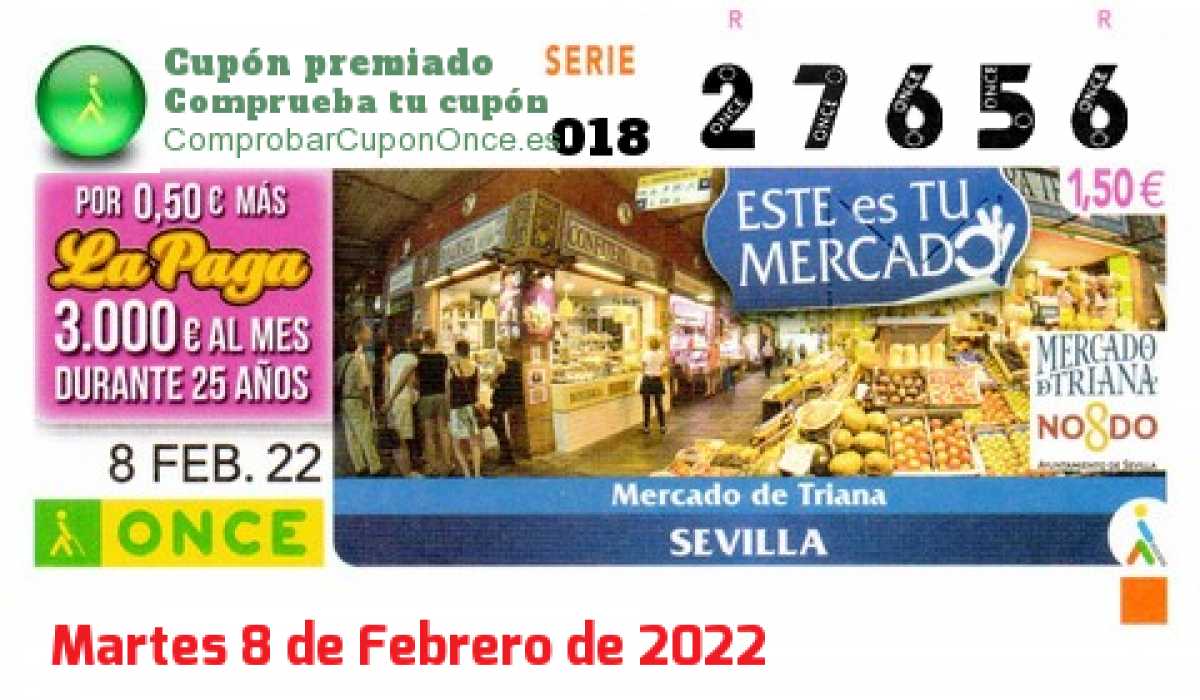 Cupón ONCE premiado el Martes 8/2/2022