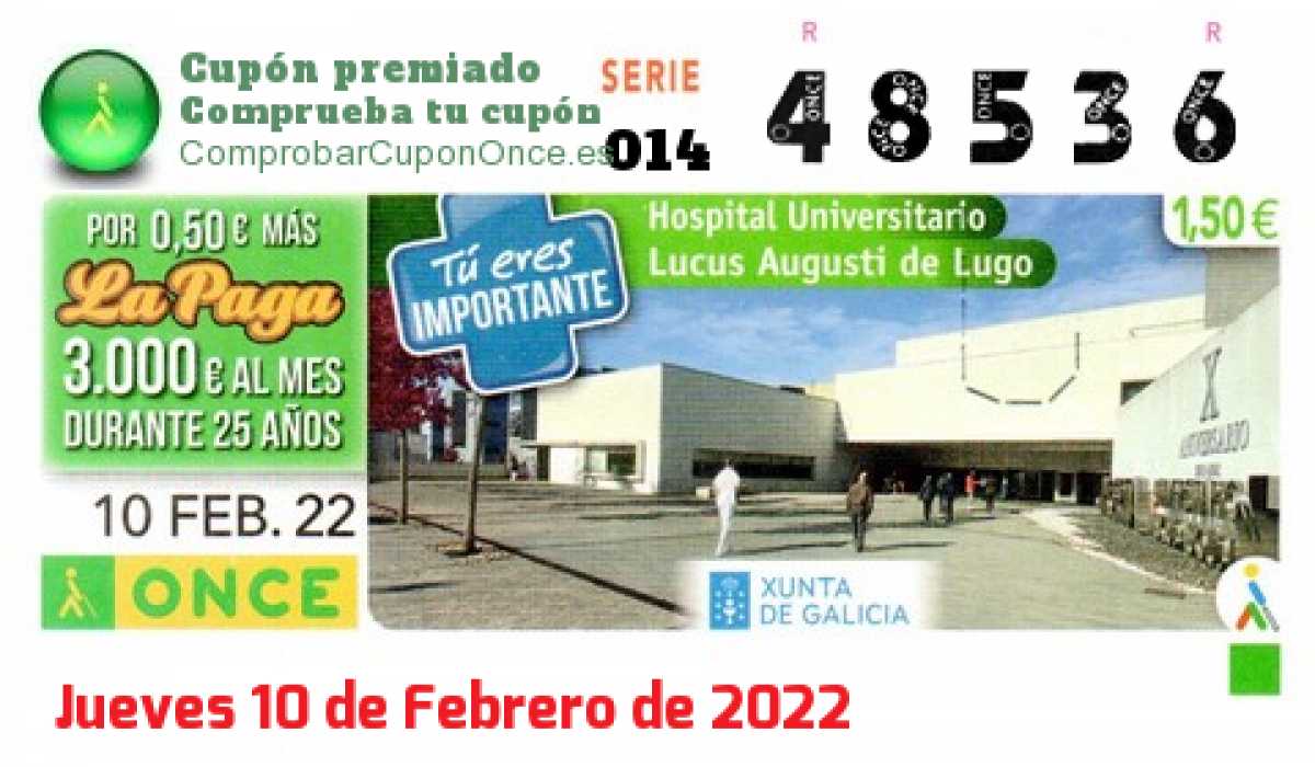 Cupón ONCE premiado el Jueves 10/2/2022