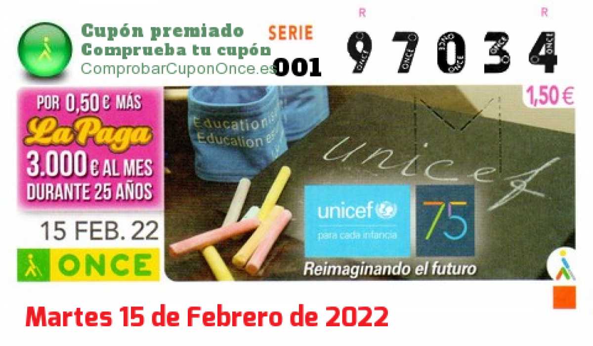 Cupón ONCE premiado el Martes 15/2/2022