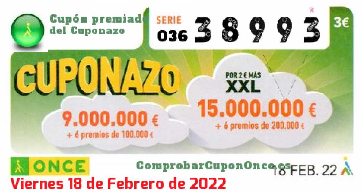Cuponazo ONCE premiado el Viernes 18/2/2022