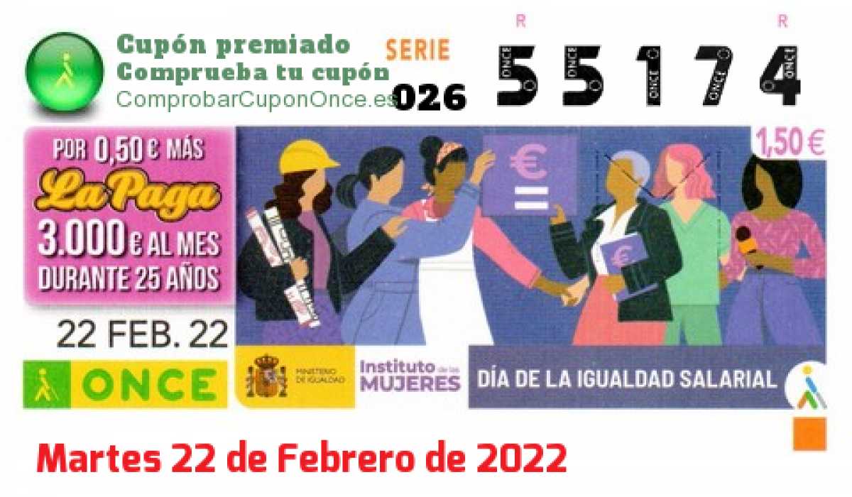 Cupón ONCE premiado el Martes 22/2/2022