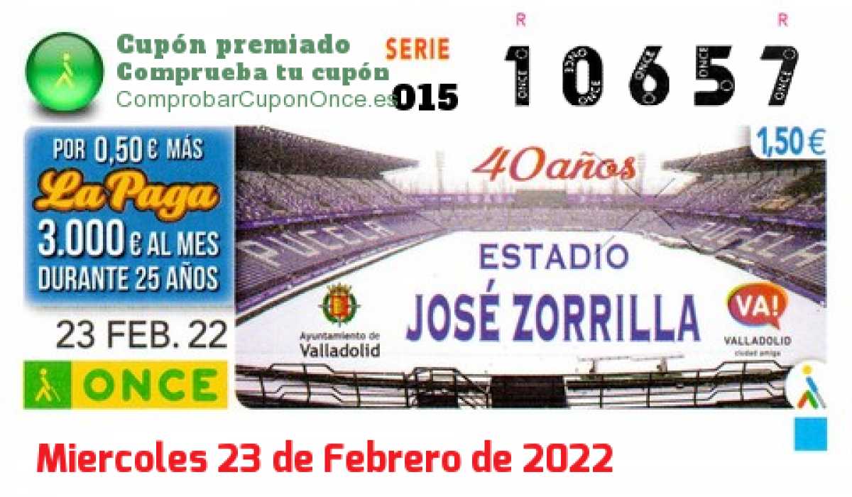 Cupón ONCE premiado el Miercoles 23/2/2022