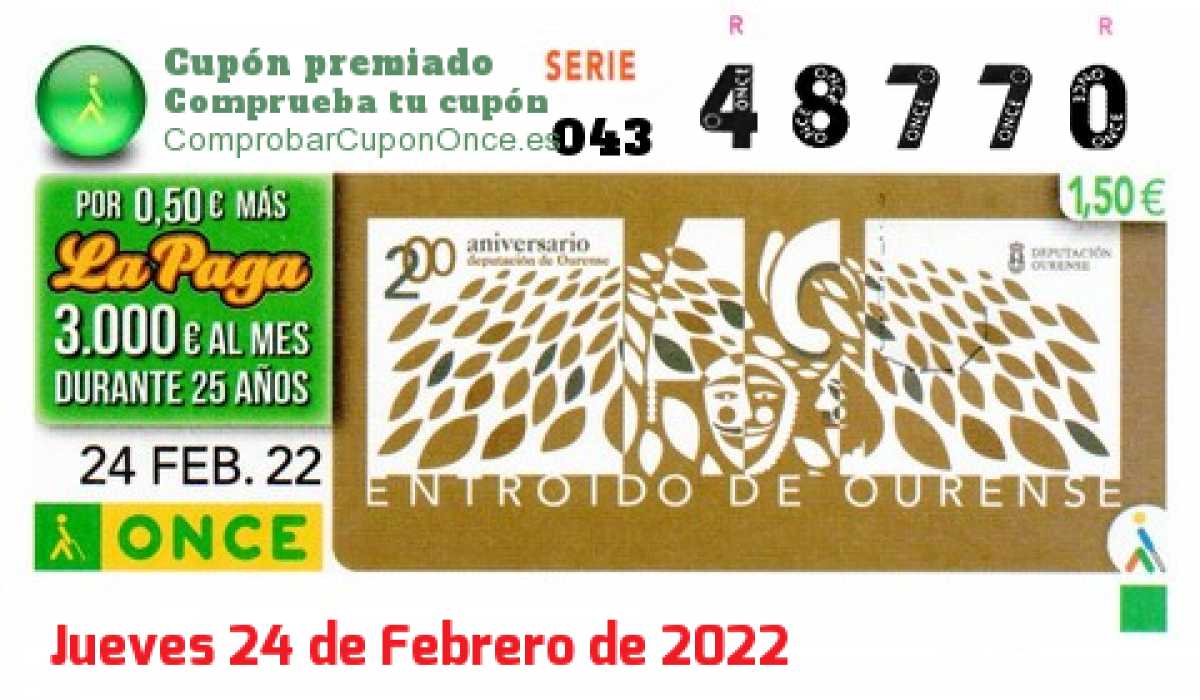 Cupón ONCE premiado el Jueves 24/2/2022