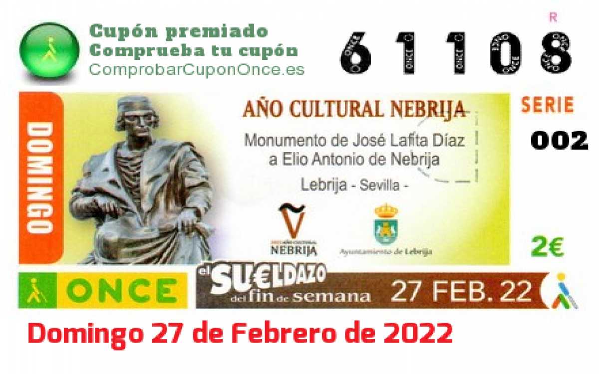 Sueldazo ONCE premiado el Domingo 27/2/2022