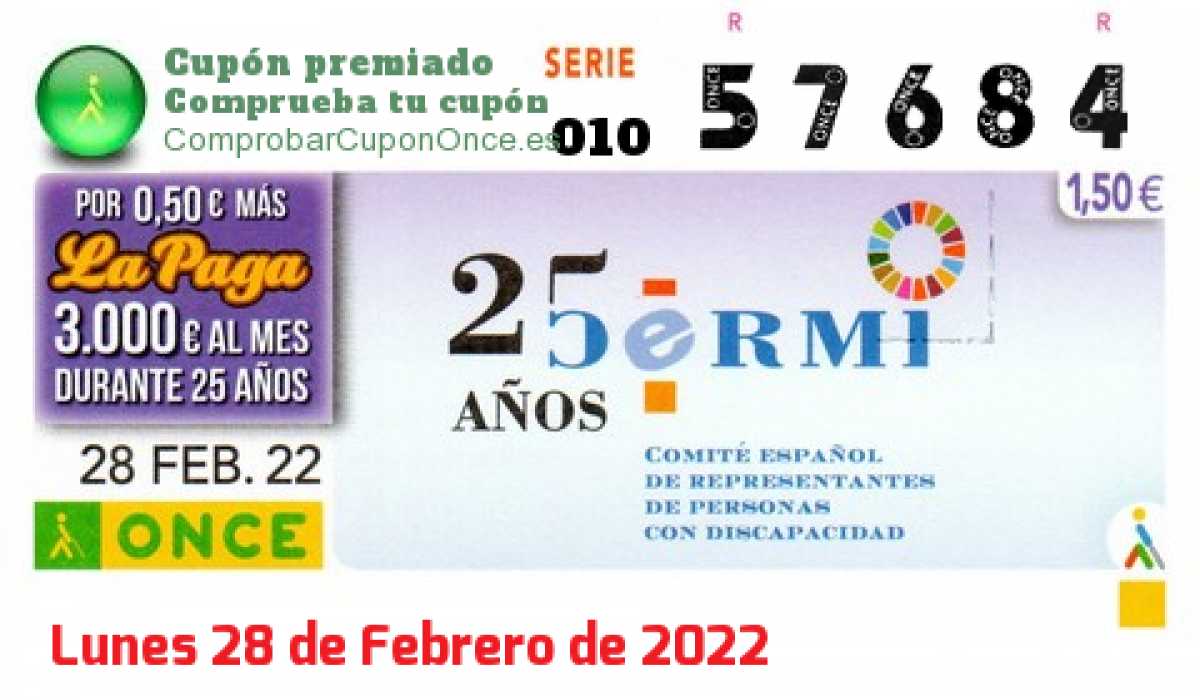 Cupón ONCE premiado el Lunes 28/2/2022