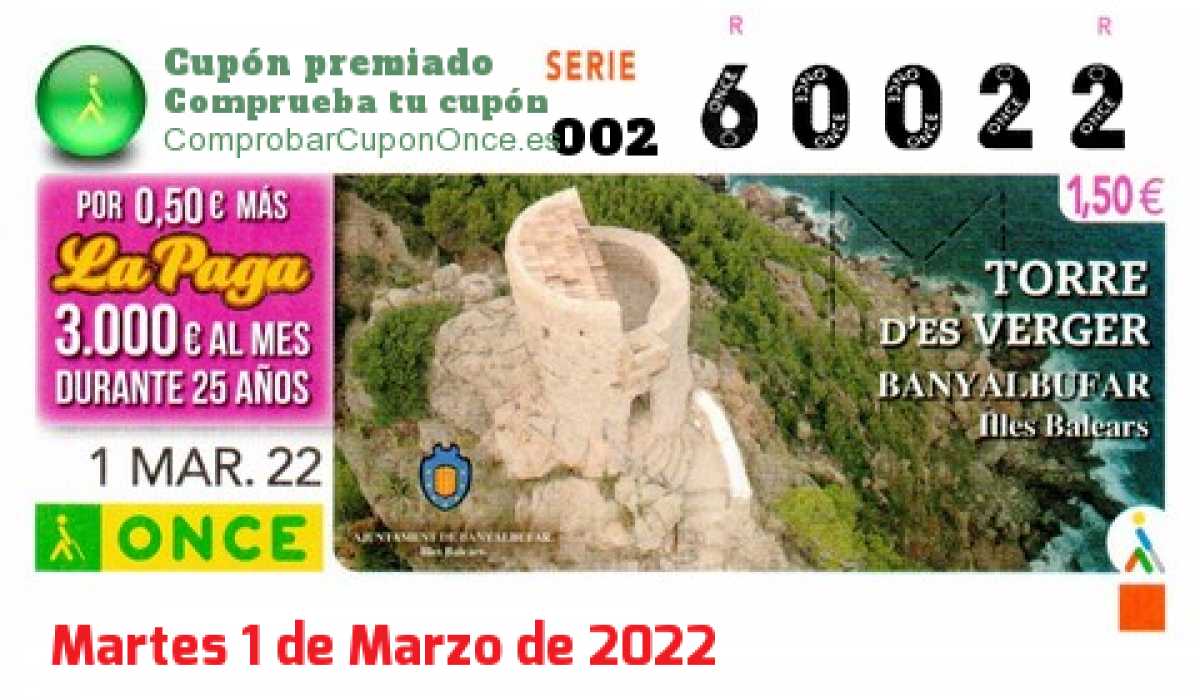 Cupón ONCE premiado el Martes 1/3/2022