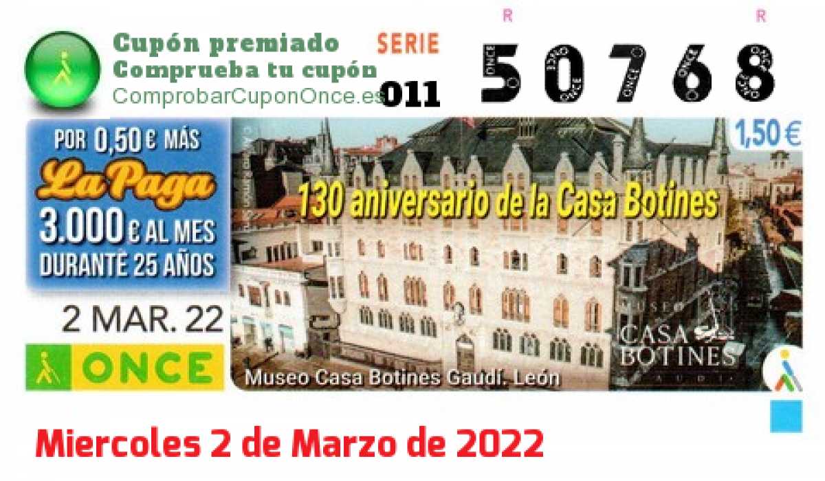 Cupón ONCE premiado el Miercoles 2/3/2022