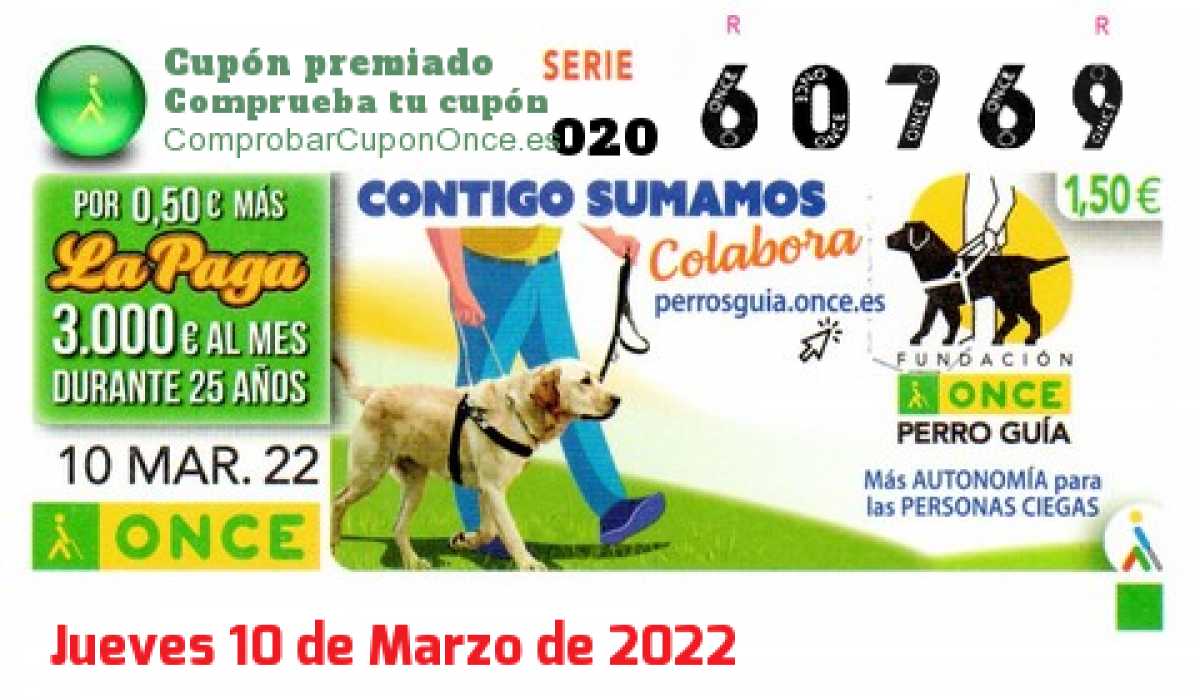 Cupón ONCE premiado el Jueves 10/3/2022