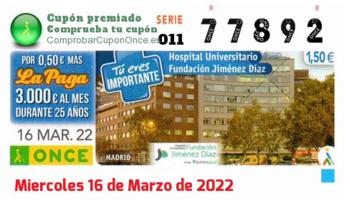 Cupón ONCE premiado el Miercoles 16/3/2022