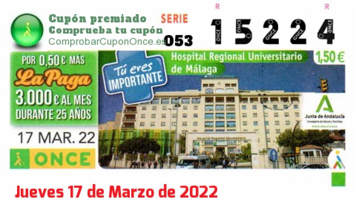 Cupón ONCE premiado el Jueves 17/3/2022