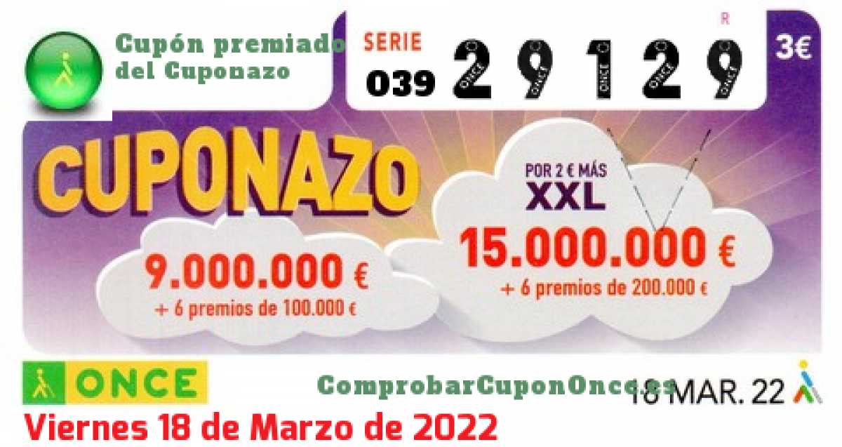 Cuponazo ONCE premiado el Viernes 18/3/2022